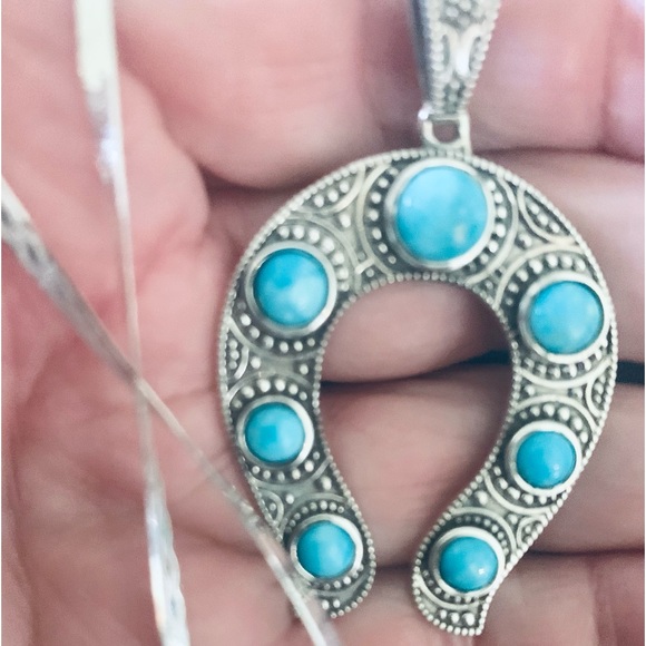 Lg Blue Ridge Turquoise Horseshoe Pendant in Sterling Silver on 24" Necklace NWT - Picture 3 of 12